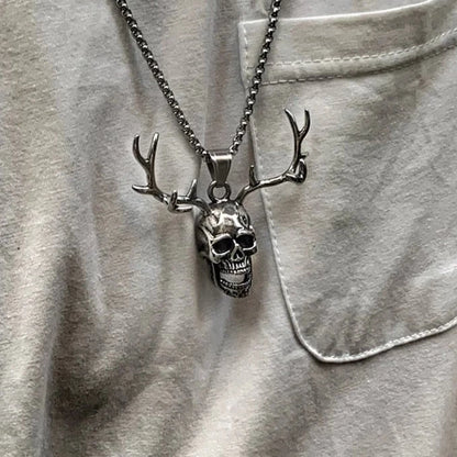 Skull Antlers Pendant Necklace Stainless Steel