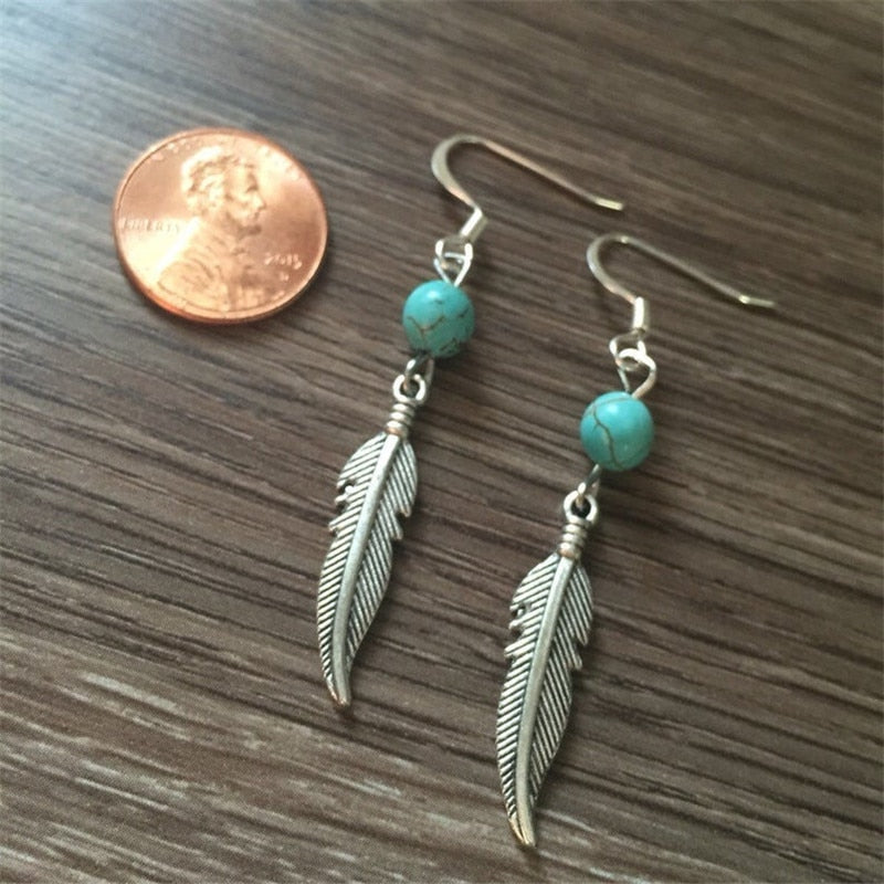 Native Feather Earrings Silver Color Natural stone Green