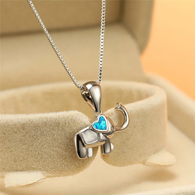 Elephant Heart White Blue Opal Pendant Necklace