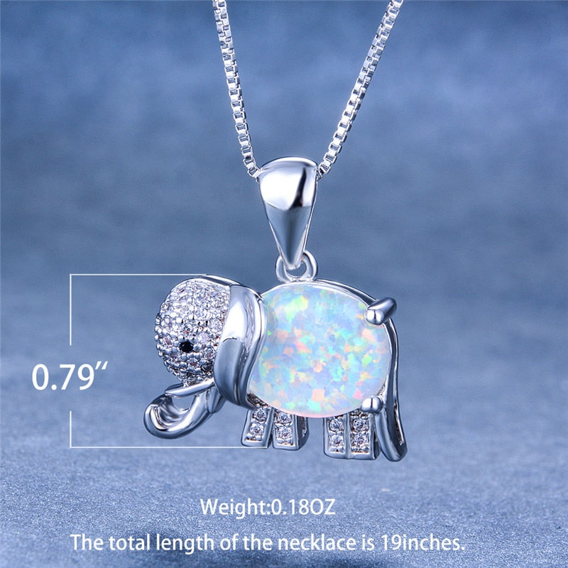 White Blue Fire Opal Elephant Necklace