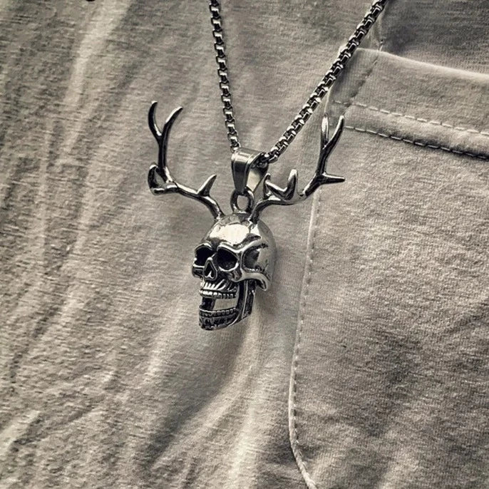 Skull Antlers Pendant Necklace Stainless Steel