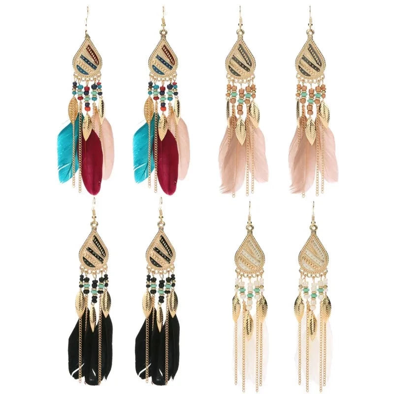 Native Feather Fringed Water Drops Earrings