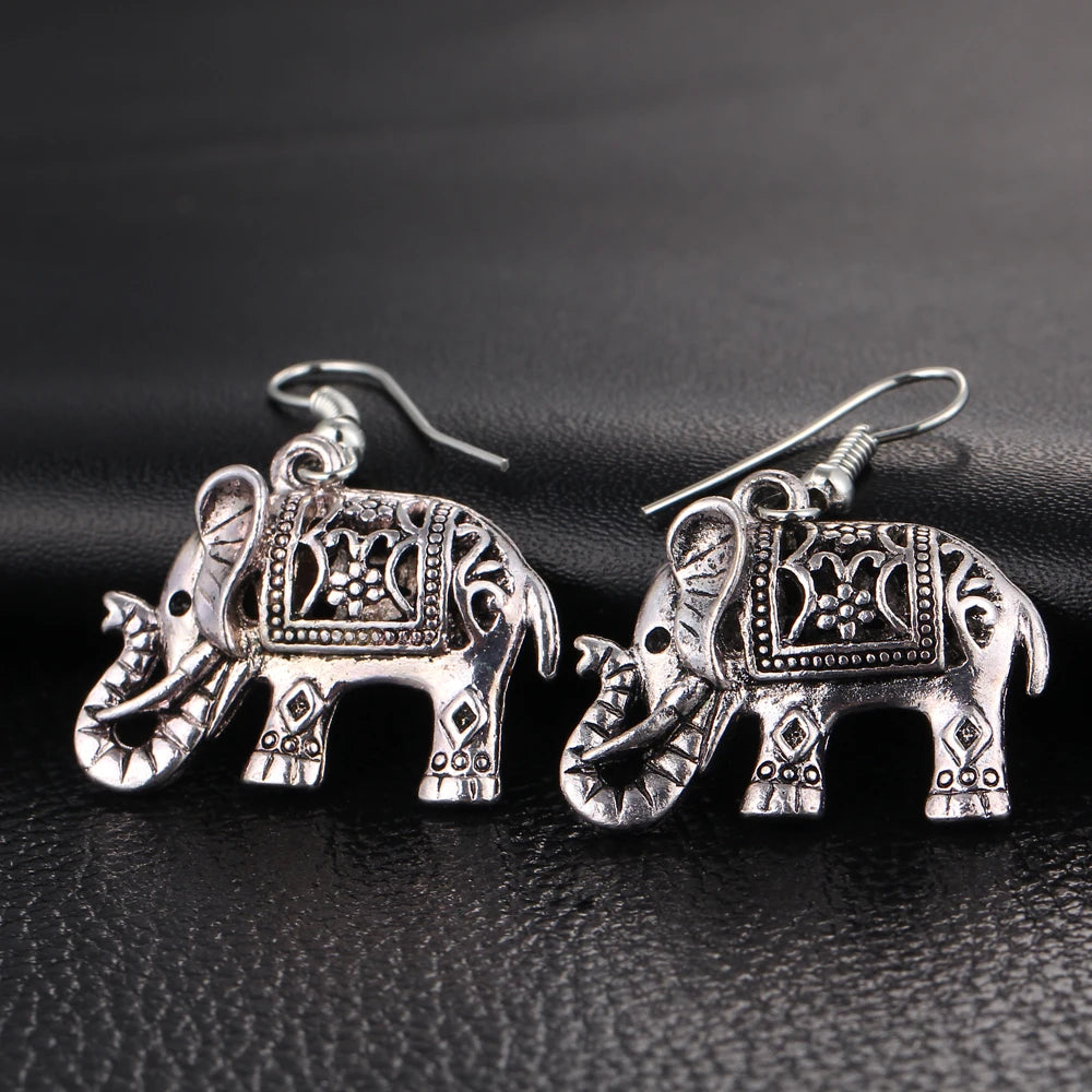 Elephant Long Dangle Earring Silver Color