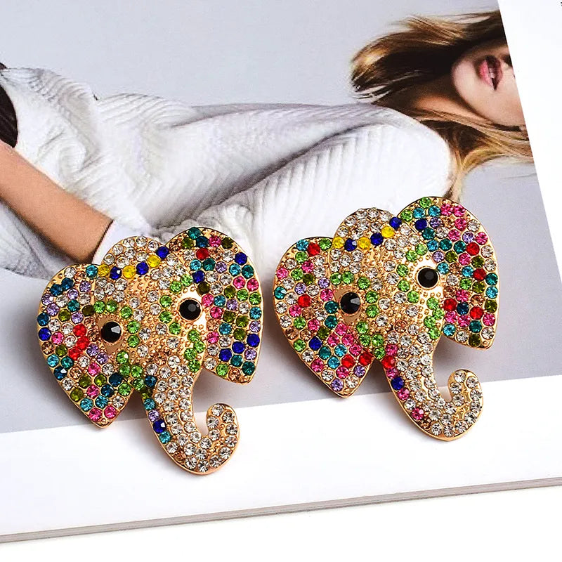 Elephant Colorful Crystal Metal Drop Earrings