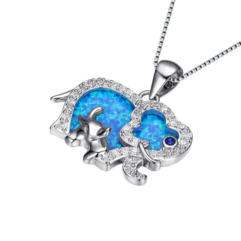 Elephant Pendant Necklace White Blue