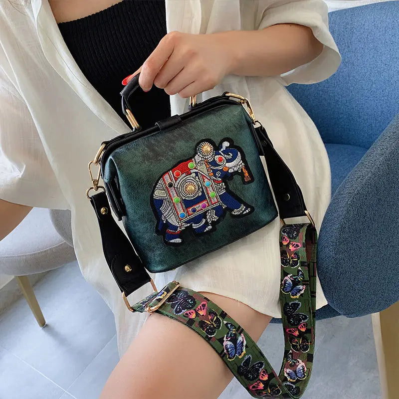 Elephant Embroidered Bags Crossbody Leather Handbag