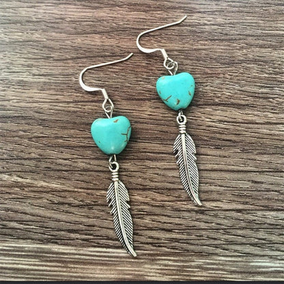 Native Feather Earrings Silver Color Natural stone Green