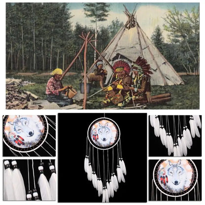 Native Wolf Printed Dreamcatcher Net Feather Bead Hanging