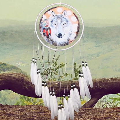 Native Wolf Printed Dreamcatcher Net Feather Bead Hanging