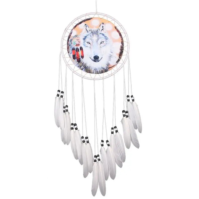 Native Wolf Printed Dreamcatcher Net Feather Bead Hanging