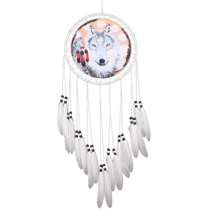 Native Wolf Printed Dreamcatcher Net Feather Bead Hanging