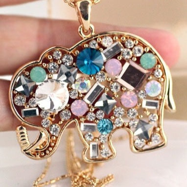 Gold Elephant Crystal Rhinestone Pendant Necklace