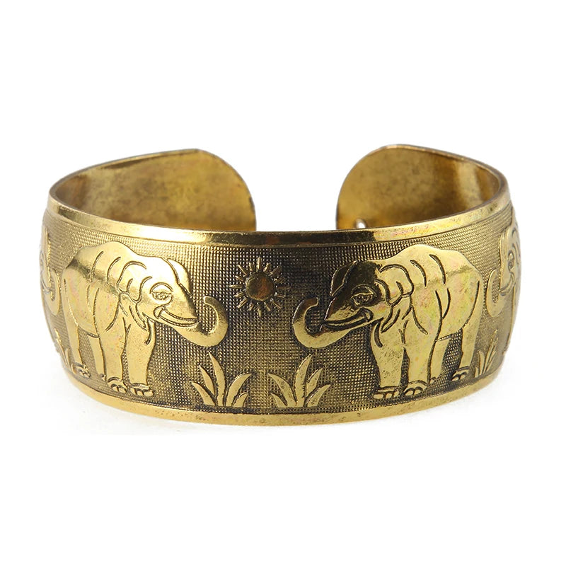 Elephant Bronze Metal Carving Flower Cuff Bangle