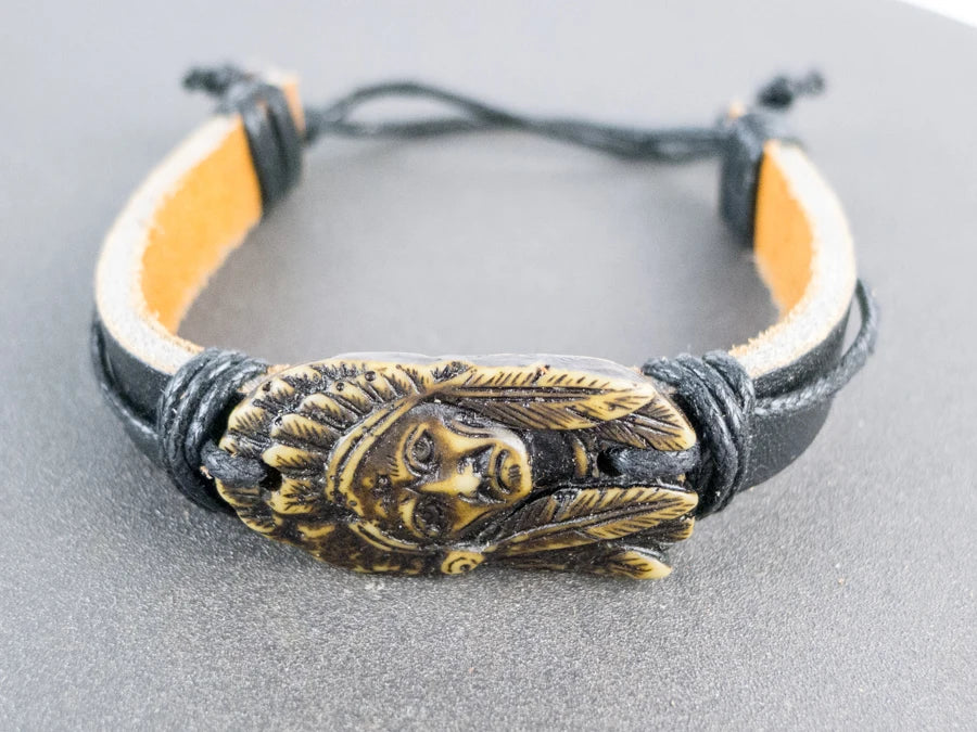 Native Tribal Leather Bracelet Yak Bone Material