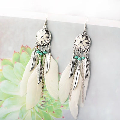 Native White Feather Earrings Tassel Drop Earrings