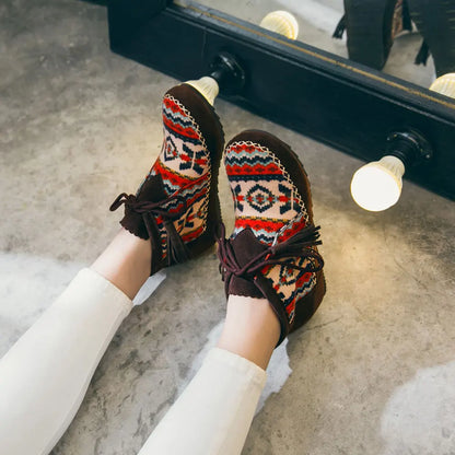 Native Embroider Flock Lace Up Ankle Boots Colorful