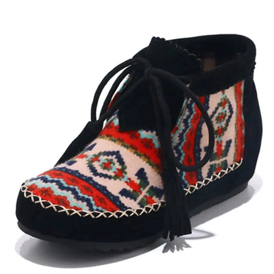 Native Embroider Flock Lace Up Ankle Boots Colorful