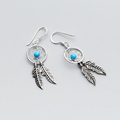 Native Dreamcatcher Feather Drop Earrings 100% 925 Sterling Silver