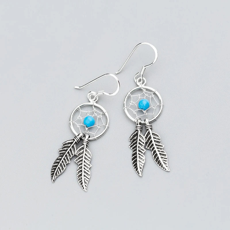 Native Dreamcatcher Feather Drop Earrings 100% 925 Sterling Silver