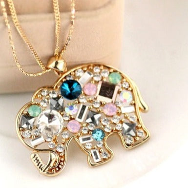 Gold Elephant Crystal Rhinestone Pendant Necklace