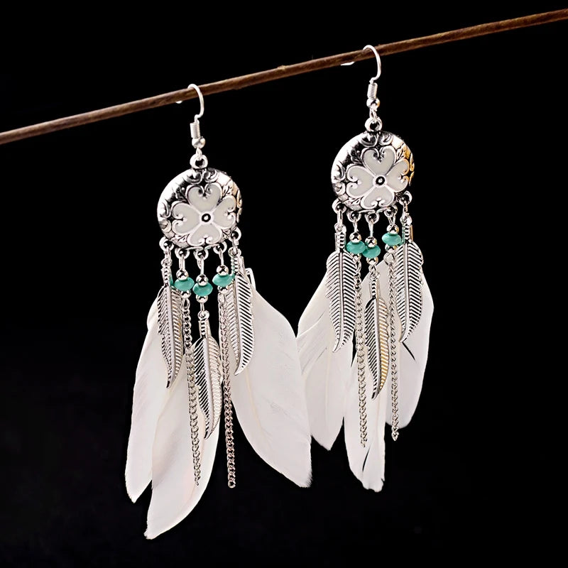 Native White Feather Earrings Tassel Drop Earrings