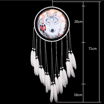 Native Wolf Printed Dreamcatcher Net Feather Bead Hanging