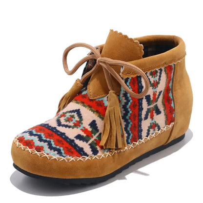 Native Embroider Flock Lace Up Ankle Boots Colorful