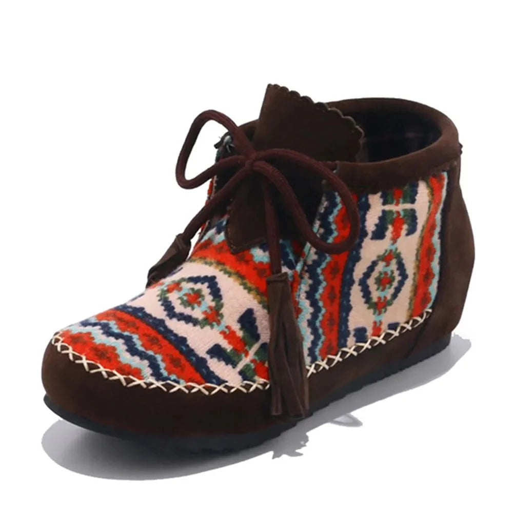 Native Embroider Flock Lace Up Ankle Boots Colorful