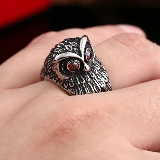 Owl Ring Red Stone Stainless Steel