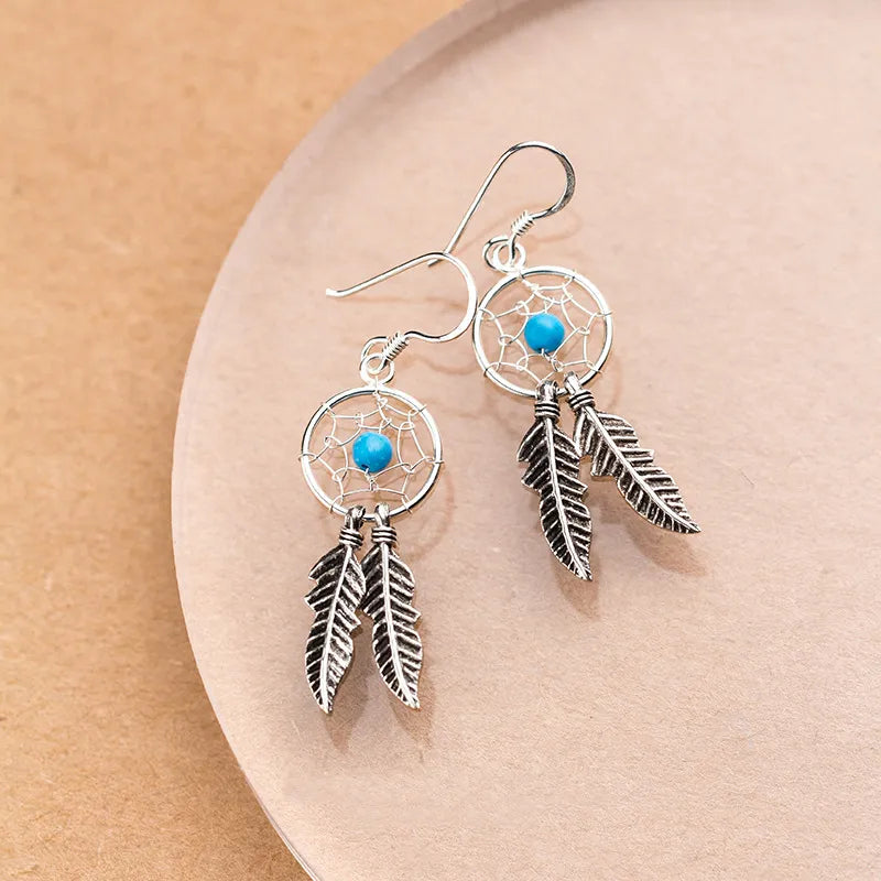 Native Dreamcatcher Feather Drop Earrings 100% 925 Sterling Silver