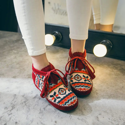 Native Embroider Flock Lace Up Ankle Boots Colorful