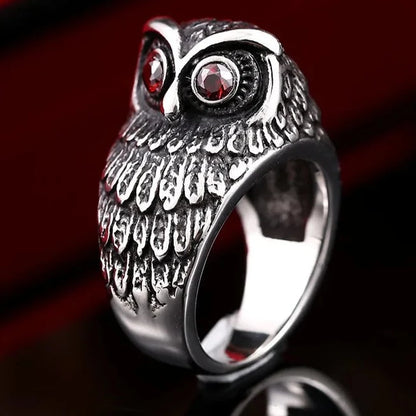 Owl Ring Red Stone Stainless Steel