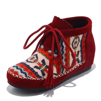 Native Embroider Flock Lace Up Ankle Boots Colorful