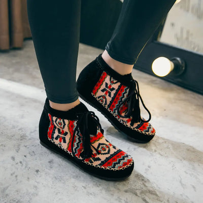 Native Embroider Flock Lace Up Ankle Boots Colorful