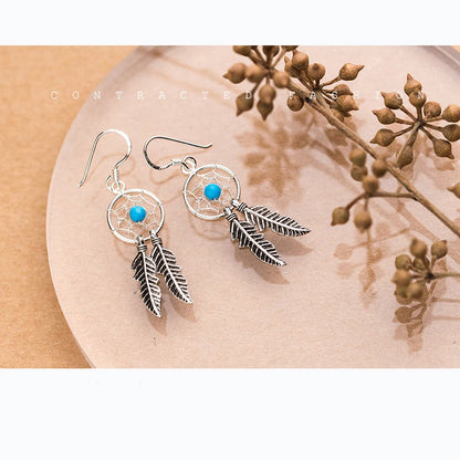 Native Dreamcatcher Feather Drop Earrings 100% 925 Sterling Silver