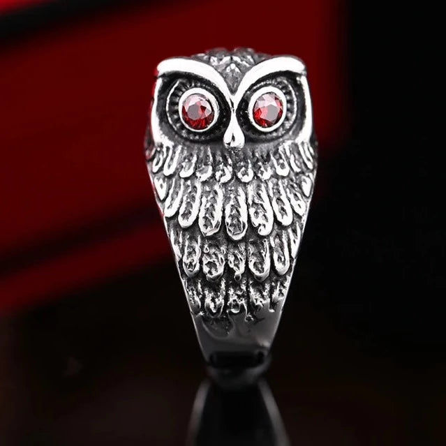 Owl Ring Red Stone Stainless Steel