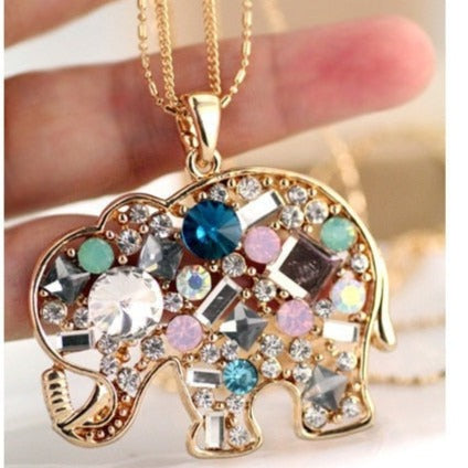 Gold Elephant Crystal Rhinestone Pendant Necklace