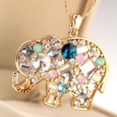 Gold Elephant Crystal Rhinestone Pendant Necklace