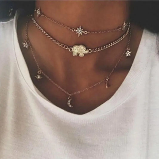 Elephant Moon Star Choker Multi Layer Pendant Necklaces