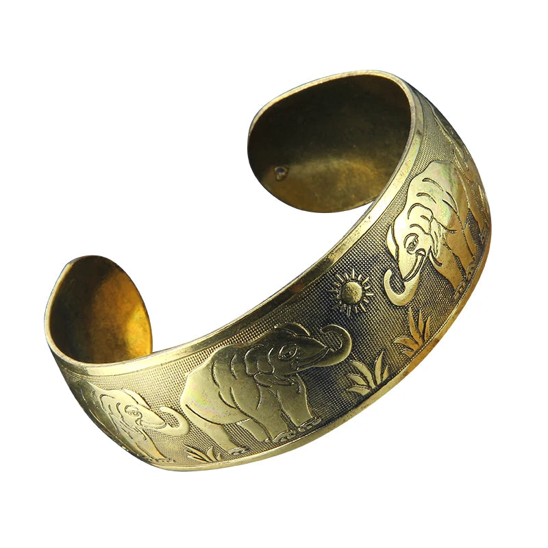 Elephant Bronze Metal Carving Flower Cuff Bangle