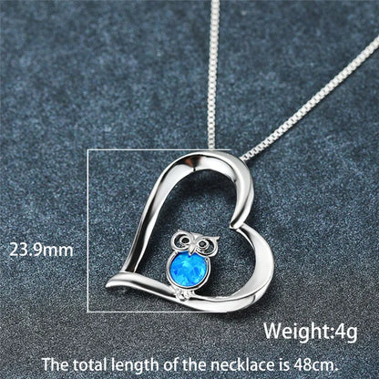 Owl Blue Opal Hollow Heart Pendant Necklace