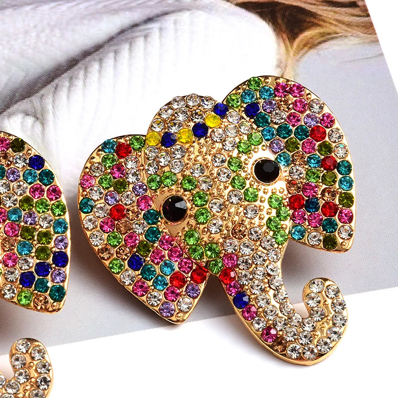 Elephant Colorful Crystal Metal Drop Earrings