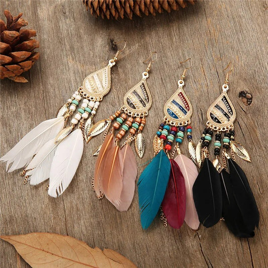 Native Feather Fringed Water Drops Earrings