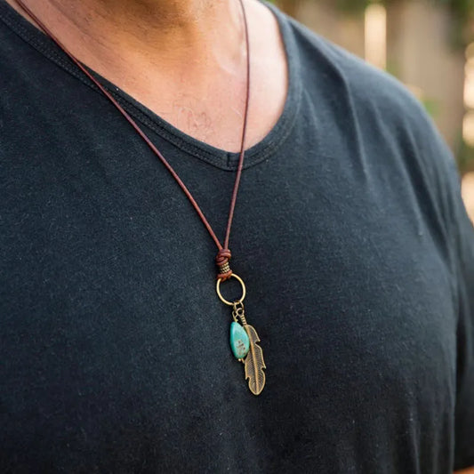 Native Turquoise Antique Brass Feather Necklace