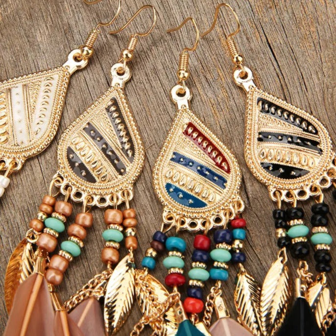 Native Feather Fringed Water Drops Earrings