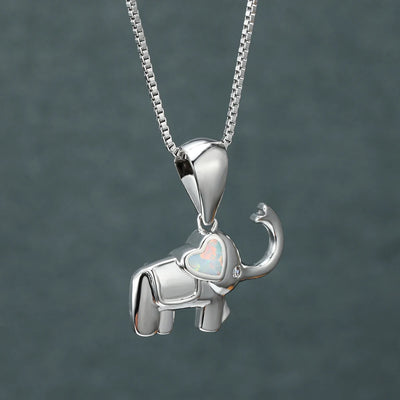 Elephant Heart White Blue Opal Pendant Necklace