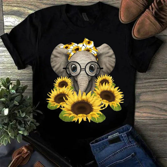 Elephant Cartoon Sunflower Print T Shirt Short Sleeve O Neck