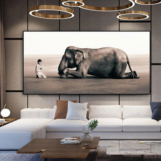 Elephant And Little Boy Painting Canvas