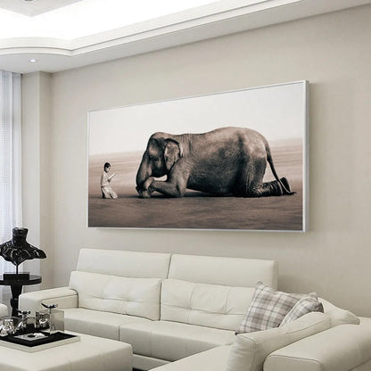 Elephant And Little Boy Painting Canvas