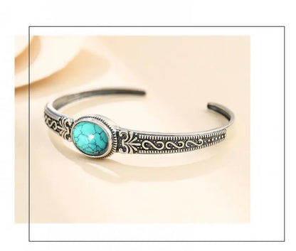 Native Silver Color Open Bracelet Blue Crack Stone